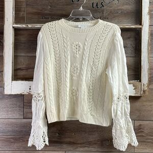 LOST INK White Open Weave Cable Knit Lace Long Bell Sleeve Sweater Size Large